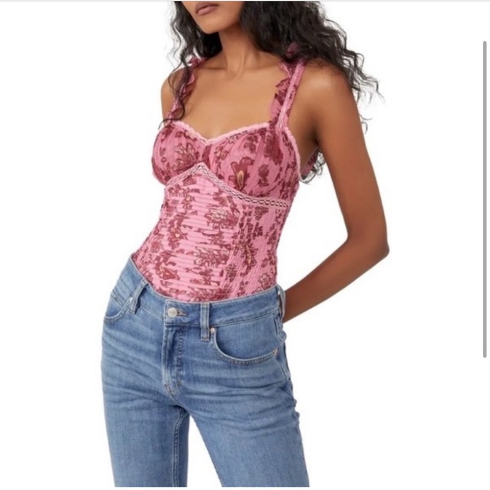 Free People Pink Floral Lace Corset Bodysuit